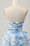 Strapless White Blue Flower A-line Tiered Short Homecoming Dress with Bow