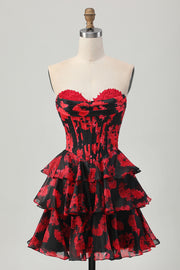 Floral A-Line Strapless Black Red Short Homecoming Dress