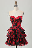 Black Red A-Line Strapless Tiered Short Floral Homecoming Dress