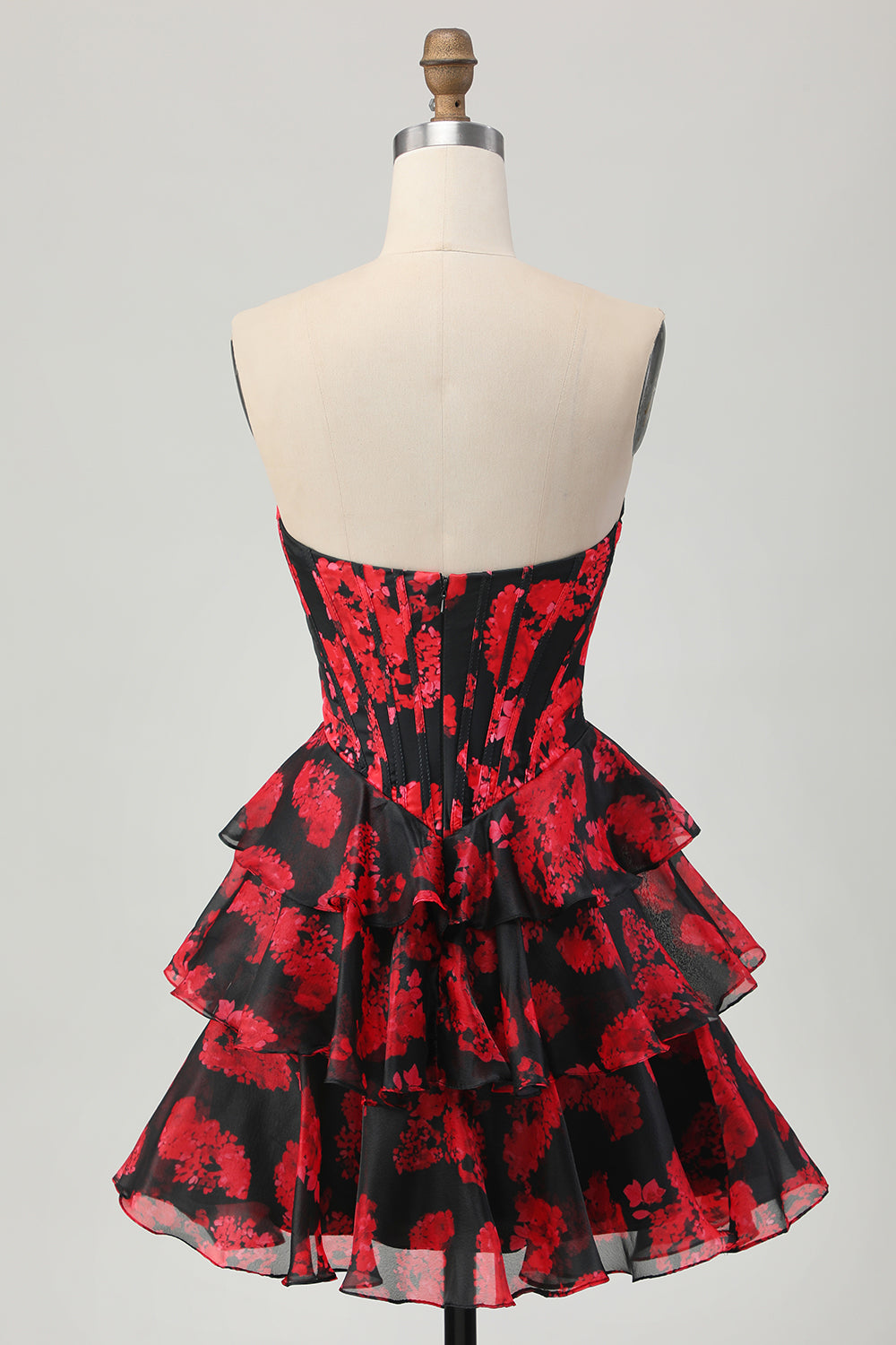 WEDTREND Women Floral Strapless Homecoming Dress Black Red Print A-Line Tiered Corset Short Cocktail Dress, Black Red / US14