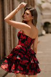 Black Red A-Line Strapless Tiered Short Floral Homecoming Dress
