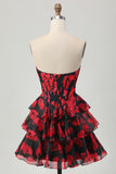 Black Red A-Line Strapless Tiered Short Floral Homecoming Dress