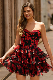Black Red A-Line Strapless Tiered Short Floral Homecoming Dress