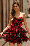 Black Red A-Line Strapless Tiered Short Floral Homecoming Dress