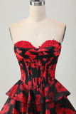 Floral A-Line Strapless Black Red Short Homecoming Dress
