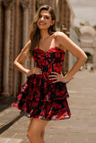 Black Red A-Line Strapless Tiered Short Floral Homecoming Dress