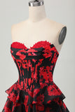 Floral A-Line Strapless Black Red Short Homecoming Dress