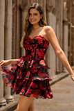 Black Red A-Line Strapless Tiered Short Floral Homecoming Dress