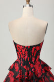Floral A-Line Strapless Black Red Short Homecoming Dress