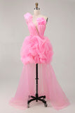 Hot Pink A-Line One Shoulder Short Homecoming Dress with Ruffles