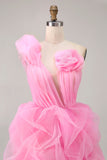 Hot Pink A-Line One Shoulder Short Homecoming Dress with Ruffles