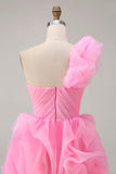 Hot Pink A-Line One Shoulder Short Homecoming Dress with Ruffles