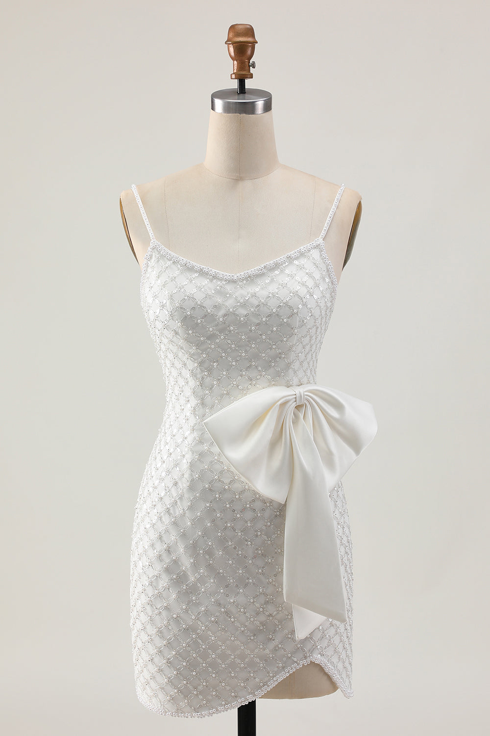 WEDTREND Women White Bodycon Homecoming Dress with Pearls Spaghetti Straps Sequins Cocktail Dress with Bow WEDTREND Women White Bodycon Homecoming Dress with Pearls Spaghetti Straps Sequins Cocktail Dress with Bow