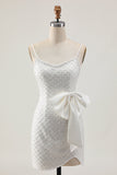 White Bodycon Spaghetti Straps Pearls Sequins Homecoming Dress with Bow