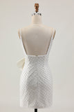 White Bodycon Spaghetti Straps Pearls Sequins Homecoming Dress with Bow