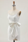 White Bodycon Spaghetti Straps Pearls Sequins Homecoming Dress with Bow