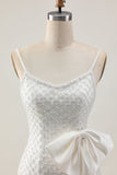White Bodycon Spaghetti Straps Pearls Sequins Homecoming Dress with Bow