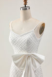 White Bodycon Spaghetti Straps Pearls Sequins Homecoming Dress with Bow