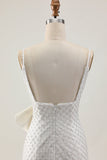 White Bodycon Spaghetti Straps Pearls Sequins Homecoming Dress with Bow