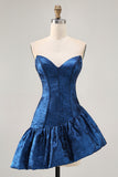 Metallic Dark Blue A-Line Asymmetrical Short Homecoming Dress with Ruffles