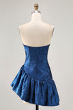Metallic Dark Blue A-Line Asymmetrical Short Homecoming Dress with Ruffles
