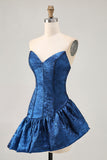 Metallic Dark Blue A-Line Asymmetrical Short Homecoming Dress with Ruffles