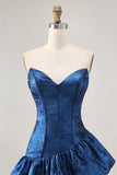 Metallic Dark Blue A-Line Asymmetrical Short Homecoming Dress with Ruffles
