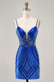 Royal Blue Bodycon Spaghetti Straps Short Homecoming Dress with Beading