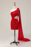 Sparkly Red Sequins One Shoulder Cut Out Tight Short Homecoming Dress with Sequins