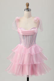 Pink Corset A Line Tiered Beaded Short Homecoming Dress with Straps Bow