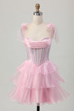 Pink Corset A Line Tiered Beaded Short Homecoming Dress with Straps Bow
