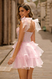 Pink A Line Corset Strapless Short Homecoming Dress with Ruffles