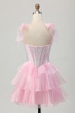Pink Corset A Line Tiered Beaded Short Homecoming Dress with Straps Bow