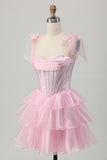 Pink Corset A Line Tiered Beaded Short Homecoming Dress with Straps Bow
