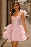 Pink A Line Corset Strapless Short Homecoming Dress with Ruffles