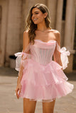 Pink A Line Corset Strapless Short Homecoming Dress with Ruffles