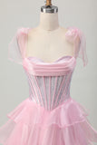 Pink Corset A Line Tiered Beaded Short Homecoming Dress with Straps Bow
