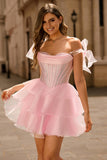 Pink A Line Corset Strapless Short Homecoming Dress with Ruffles
