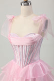 Pink Corset A Line Tiered Beaded Short Homecoming Dress with Straps Bow