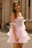 Pink A Line Corset Strapless Short Homecoming Dress with Ruffles