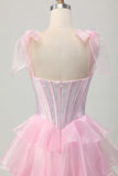 Pink Corset A Line Tiered Beaded Short Homecoming Dress with Straps Bow