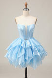 Blue A Line Strapless Tiered Corset Homecoming Dress with Lace Up Back