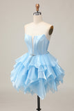 Blue A Line Strapless Tiered Corset Homecoming Dress with Lace Up Back