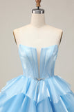 Blue A Line Strapless Tiered Corset Homecoming Dress with Lace Up Back