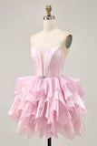 Pink A Line Strapless Corset Tiered Short Homecoming Dress with Lace Up Back