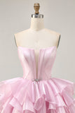 Pink A Line Strapless Corset Tiered Short Homecoming Dress with Lace Up Back