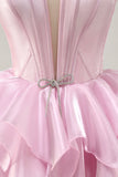 Pink A Line Strapless Corset Tiered Short Homecoming Dress with Lace Up Back