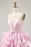 Pink A Line Strapless Corset Tiered Short Homecoming Dress with Lace Up Back