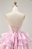 Pink A Line Strapless Corset Tiered Short Homecoming Dress with Lace Up Back