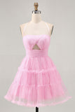 Pink Halter A Line Cut Out Ruched Short Homecoming Dress